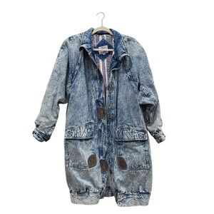 Vintage Retro Blue Acid Wash Oversized Denim Jacket Trench Coat Hippie Size M